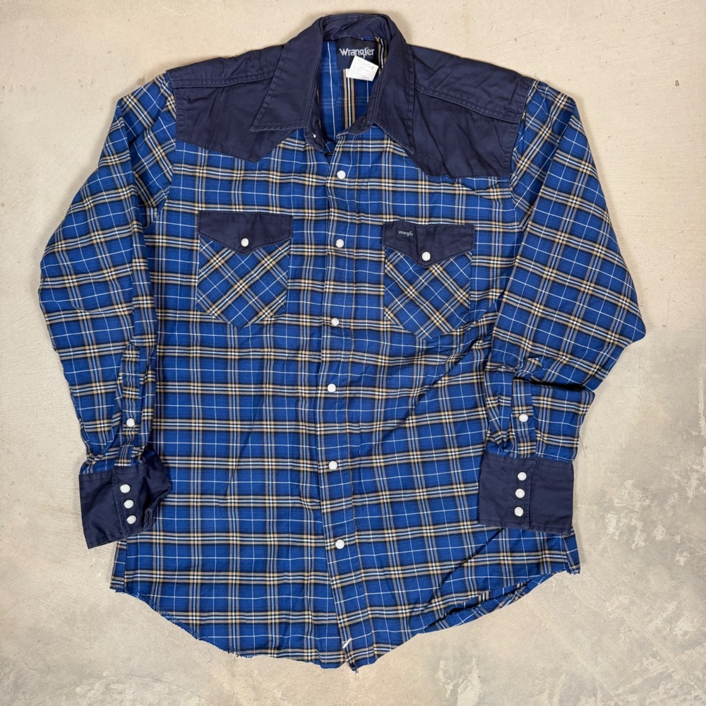 Wrangler Mens Blue Plaid Western Snap Shirt Large MS722BM Navy Yoke Pearl Snap